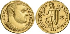 Roman Imperial & Provincial Licinius I, 308-324. Aureus (Gold, 20 mm, 5.33 g, 11 h), Siscia, 316. LICINI-VS P F AVG Laureate and draped bust of Licinius I to right. Rev. IOVI CONSERVATORI AVG / SIS Ju