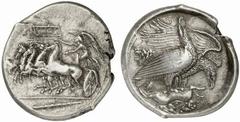 SICILY, Akragas. Circa 409-406 BC. Tetradrachm (Silver, 17.43 g 7). ΑΚΡΑΓ ΑΝΤΙΝΟΝ (second part retrograde) Nike driving galloping quadriga to left, holding the reins of three horses with her left hand