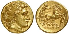 KINGS of MACEDON. Philip II. 359-336 BC. Stater (Gold, 8.64 g 12), Kolophon, 323-317. Laureate head of Apollo to right, with the features of Alexander III Rev. ΦΙΛΙΠΠΟΥ Charioteer driving galloping bi