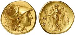 KINGS of MACEDON. Philip III Arrhidaios. 323-317 BC. Stater (Gold, 8.62 g X), Abydos, 318/7 . Head of Athena to right, wearing pendant earring, necklace and crested Corinthian helmet adorned with grif
