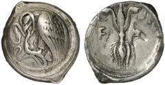 ELIS, Olympia. 97th Olympiad. 392 BC. Stater (Silver, 121.01 g 1). Eagle standing left, grasping coiled snake with his talons and tearing at its coils with his beak; all on round shield with raised ri