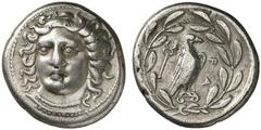 ELIS, Olympia. 105th Olympiad. 360 BC. Drachm (Silver, 5.78 g 9), Hera mint. Head of the eponymous nymph Olympia facing, turned slightly to the left, wearing necklace of pearls, broad ribbon across th