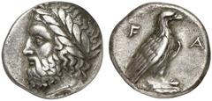 ELIS, Olympia. 106th Olympiad. 356 BC. Stater (Silver, 12.01 g 6). Laureate head of Zeus to left Rev. FΑ Eagle, with closed wings, standing right on Ionic column. BCD Olympia -. BMFA 1212 (=Seltman 18