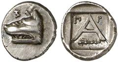 ARGOLIS, Argos. Circa 330-270 BC. Obol (Silver, 0.84 g 6). Σ (retrograde) Head of wolf to left Rev. Large Α with Π Ρ to left and right; below, club left; all within incuse square. BCD Peloponnesos 109