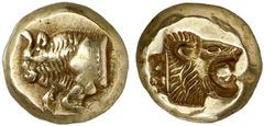 LESBOS, Mytilene. Circa 521-478 BC. Hekte (Electrum, 2.57 g 11). Forepart of a bull to left with a beaded wreath decorating the truncation Rev. Lion’s head with open jaws to right, all incuse; behind,