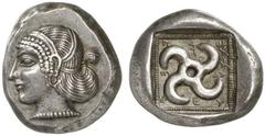 LYCIA. Teththiveibi. 440-430. Stater (Silver, 9.84 g 12). Head of a goddess, perhaps Aphrodite, to left, wearing pearl necklace and spiral earring, her hair tied with bands and bound up at the back Re
