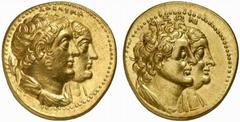 PTOLEMAIC KINGS of EGYPT. Ptolemy II Philadelphos, with Arsinöe II, Ptolemy I, and Berenike I. 285-246 BC. Mnaeion or Octodrachm (Gold, 27.84 g 12), after 265. ΑΔΕΛΦΩΝ Diademed jugate busts of Ptolemy