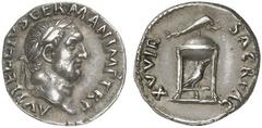 Vitellius. 69. Denarius (Silver, 3.48 g 6), Rome, April-December 69. A VITELLIVS GERMAN IMP TR P Laureate head of Vitellius to right Rev. XV VIR SACR FAC Tripod with covered vessel; below, raven stand