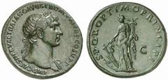 Trajan. 98-117. Sestertius (Orichalcum, 25.79 g 5), Rome, 107. IMP CAES NERVAE TRAIANO AVG GER DAC P M TR P COS V P P Laureate bust of Trajan to right, slight drapery on far shoulder Rev. S P Q R OPTI