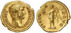 Hadrian. 117-138. Aureus (Gold, 7.47 g 7), Rome, 138. HADRIANVS AVG COSS III P P Bare head of Hadrian to right Rev. VICTORIA AVG Victory standing left, holding eagle with wreath in its beak in her rig