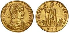 Constantius II. 337-361. Solidus (Gold, 4.50 g 6), Thessalonica, 337-340. FL IVL CONSTANTIVS P F AVG Diademed, draped and cuirassed bust of Constantius II to right Rev. VIRTVS EXERCITVM / TES Emperor,