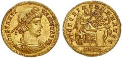 Constantius II. 337-361. Solidus (Gold, 4.58 g 6), Aquileia, 340-350. CONSTANTIVS AVGVSTVS Diademed, draped and cuirassed bust of Constantius II to right; all within laurel wreath Rev. VICTORIAE DD NN