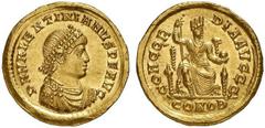 Valentinian II. 375-392. Solidus (Gold, 4.46 g 12), Constantinople, 380. D N VALENTINIANVS P F AVG Diademed, draped and cuirassed bust of Valentinian II to right Rev. CONCORDIA AVGGG. / CONOB Turreted