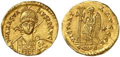 BURGUNDIANS. Gundobald. 473-516. Solidus (Gold, 4.48 g 6), Lugdunum, 495-516. D N ANASTASIVS P P AVG Facing bust of emperor wearing helmet and cuirass, holding spear in his right hand and with shield 