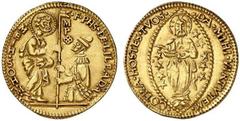 The Knights of St. John, Malta. Philippe Villiers de l’Isle Adam. 1530-1534. Zecchino (Gold, 3.49 g 6). .F.PHS.DE.LILE ADA/MP/.M.HOS.HIEM (last reading upwards) Grand Master kneeling to left, grasping