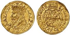 GERMANY, Bayern. Albrecht V. 1550-1579. Ducat (Gold, 3.48 g 3), undated. ALBERT9.COM.PA.R.BAVA.DV. Crowned and bearded bust of Albrecht V to left, wearing elaborate robes and order of the Golden Fleec