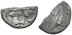 Greek SICILY. Unlocated Punic mint. Circa 350-300 BC. Tetradrachm (Silver, 25 mm, 6.91 g, 1 h), half of a tetradrachm, cut and countermarked. Head of Tanit-Persephone to left, wearing grain wreath and
