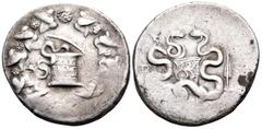 Greek LYDIA. Tralleis. Circa 160-155 BC. Cistophoric Tetradrachm (Silver, 28 mm, 12.57 g). Cista mystica from which snake coils; around, ivy wreath with fruits. Rev. Two snakes coiled around a bow cas