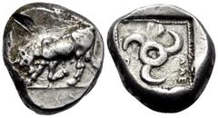 Greek DYNASTS OF LYCIA. Kuprilli, Circa 470/60-440/35 BC. Stater (Silver, 18.5 mm, 8.65 g, 8 h), Telmessos (?). Bull butting to left. Rev. [Κ]Ο - ΠΡ - ΛΛΕ Triskeles to left; all within a square beaded