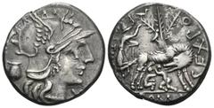 Roman Republican & Imperatorial Sex. Pompeius Fostlus, 137 BC. Denarius (Silver, 20 mm, 3.89 g, 6 h), Rome. Helmeted head of Roma to right; behind, jug; below chin, X. Rev. SEX PO FOSTLVS / ROMA She-w