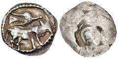 Greek THRACO-MACEDONIAN TRIBES, Derrones. Circa 480-465 BC. Diobol (Silver, 17 mm, 1.33 g, 9 h). Bull standing right; above, bird flying right. Rev. Corinthian helmet right. Cf. HPM p. 15, 31, pl. II,