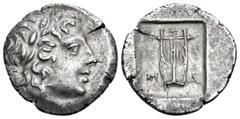 Greek LYCIA, Lycian League. Masikytes. Circa 48-42 BC. Hemidrachm (Silver, 15.5 mm, 1.54 g, 1 h). Λ-Y Laureate head of Apollo to right. Rev. M-A Lyre; above, star; all within rectangular incuse. Troxe