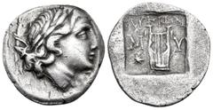 Greek LYCIA, Lycian League. Myra. 1st century BC. Drachm (Silver, 17 mm, 2.61 g, 12 h). Laureate head of Apollo to right. Rev. ΛΥΚΙΩΝ Kithara between Μ-Υ; in field to left, star; all within shallow in