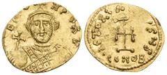 Byzantine Leontius, 695-698. Tremissis (Gold, 17 mm, 1.45 g, 6 h), Constantinople. D LEON PP AV Crowned bust of Leontius facing, wearing loros, holding globus cruciger in his right hand. Rev. VICTORIA