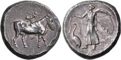 Greek SICILY. Katane. Circa 461-450 BC. Tetradrachm (Silver, 26 mm, 16.92 g, 8 h). Man-headed bull, the river god Amenanos, walking to right; above, Nike flying right to crown him; in exergue, K. Rev.