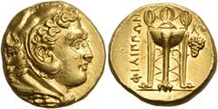 Greek MACEDON. Philippoi. Circa 356-345 BC. Stater (Gold, 17.5 mm, 8.61 g, 9 h). Head of Herakles to right, wearing lion's skin headdress. Rev. ΦΙΛΙΠΠΩΝ Tripod with three high, oval handles and feet e