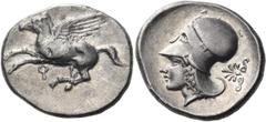 Greek CORINTHIA. Corinth. Circa 400-375 BC. Stater (Silver, 24 mm, 8.18 g, 6 h). Ϙ Pegasus flying left with straight wings. Rev. Head of Aphrodite to left, wearing Corinthian helmet; in the field behi