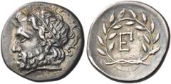 The Maleatas Collection of Epidauros ARGOLIS. Epidauros. Circa 255-250 BC. Hemidrachm (Silver, 17 mm, 2.65 g, 8 h), heavy weight. Laureate and bearded head of Asklepios to left; behind, Ε. Rev. Monogr