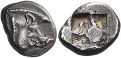 Greek CYCLADES, Kythnos. Circa 475-460 BC. Third stater (Silver, 16 mm, 4.01 g). Boar's head to right. Rev. Quadripartite incuse square. Jameson 2315 (this coin, attributed to Lycia). A. K. Kyrou, D. 