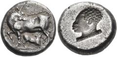 Greek NORTHWEST ASIA MINOR. Uncertain mint. Circa 475-450 BC. Hemistater (Silver, 16.5 mm, 5.99 g, 2 h). Cow standing to left on a dotted groundline, her head turned back to right, her right fore- and