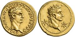 Roman Imperial & Provincial Gaius (Caligula), with Divus Augustus, 37-41. Aureus (Gold, 19 mm, 7.81 g, 3 h), Lugdunum, 37. C CAESAR AVG GERM P M TR POT COS Bare head of Caligula to right. Rev. Radiate