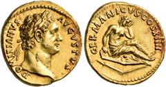 Roman Imperial & Provincial Domitian, 81-96. Aureus (Gold, 20 mm, 7.62 g, 7 h), Rome, 88. DOMITIANVS AVGVSTVS Laureate head of Domitian to right. Rev. GERMANICVS COS XIIII Germania, in attitude of mou