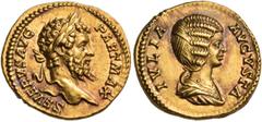 Roman Imperial & Provincial Septimius Severus, with Julia Domna, 193-211. Aureus (Gold, 20 mm, 7.57 g, 6 h), Rome, 201. SEVERVS AVG – PART MAX Laureate bust of Septimius Severus to right, his shoulder