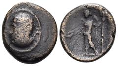 Greek BOEOTIA, Federal Coinage. Circa 338 - 300 BC. Half chalkous (Bronze, 15.5 mm, 3.06 g, 12 h), Thebes. Boeotian shield; club across upper half . Rev. BOIΩTΩN Nike standing left, holding a patera i