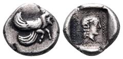 Greek DYNASTS OF LYCIA. Uvug, circa 470-440 BC. Obol (Silver, 9 mm, 0.74 g, 6 h). Forepart of winged man-headed bull to right. Rev. OFOV (in Lycian) Head of Apollo to right within incuse square. Babel