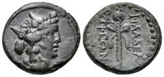 Greek LYDIA. Philadelphia. 2nd-1st century BC. (Bronze, 16 mm, 4.21 g, 1 h). Head of youthful Dionysos to right, wearing ivy wreath. Rev. ΦΙΛAΔΕΛ/ΦΕΩΝ Filleted thyrsos; to upper left, monogram of ΟΔΙ.