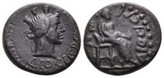 Roman Provincial LYDIA. Dioshieron. Pseudo-autonomous issue, 2nd century. (Bronze, 15 mm, 2.60 g, 12 h). ΔIOΣIEPITωN Turreted head of Tyche to right. Rev. ΔIOΣIEPITωN Zeus seated right on throne, hold