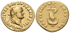 Roman Imperial Titus, 79-81. Aureus (Gold, 18 mm, 6.98 g, 1 h), Rome, 80. IMP TITVS CΛES VESPΛSIΛN ΛVG P M Laureate head of Titus to right. Rev. TR P IX IMP XV COS VIII P P Dolphin coiled around ancho