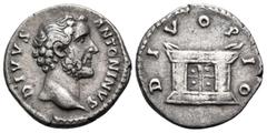 Roman Imperial Divus Antoninus Pius, died 161. Denarius (Silver, 17 mm, 3.12 g, 5 h), struck under Marcus Aurelius and Lucius Verus, Rome, 161. DIVVS ANTONINVS Bare head of Antoninus Pius to right. Re