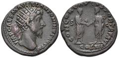 Roman Imperial Marcus Aurelius, 161-180. Dupondius (Bronze, 25 mm, 12.57 g, 12 h), Rome, 161. IMP CAES M AVREL ANTONINVS AVG P M Radiate head of Marcus Aurelius to right. Rev. CONCORD AVGVSTOR TR P XV