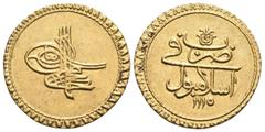 Ottoman Empire ISLAMIC, Ottoman Empire. Ahmad III, AH 1115-1143 / AD 1703-1730. Zeri Mahbub (Gold, 19 mm, 3.50 g, 11 h), Qustantiniya, AH 1115 = AD 1703. KM 173. About extremely fine.
