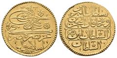 Ottoman Empire ISLAMIC, Ottoman Empire. Mahmud I, AH 1143-1168 / AD 1730-1754. Zeri Mahbub (Gold, 18 mm, 2.62 g, 11 h), Islambul, AH 1143 = AD 1730. KM 222. Light scrape on obverse, otherwise, about e