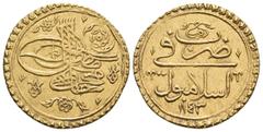 Ottoman Empire ISLAMIC, Ottoman Empire. Mahmud I, AH 1143-1168 / AD 1730-1754. Findik (Gold, 19.5 mm, 3.45 g, 11 h), Islambul, AH 1143 = AD 1730. KM 225. Good very fine.