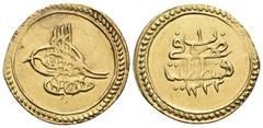 Ottoman Empire ISLAMIC, Ottoman Empire. Mustafa IV, AH 1222-1223 / AD 1807-1808. Sultani (Gold, 20 mm, 3.20 g, 12 h), Qustantiniya, AH 1222, reganl year 1 = AD 1807. KM 546. Lustrous. A few very minor