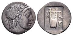 Greek LYCIA, Lycian League. Masikytes. Circa 128/7-19/8 BC. Hemidrachm (Silver, 15.5 mm, 1.38 g, 12 h). [Λ-Υ] Laureate head of Apollo to right. Rev. M-A Lyre; to right, tripod; all within incuse squar