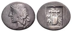 Greek LYCIA, Lycian League. Masikytes. 19/8 BC-AD 43. Hemidrachm (Silver, 15.5 mm, 1.39 g, 12 h). [Y]-Λ Laureate head of Apollo to left. Rev. M-A Lyre; to left, trident head downwards; to right, palm 
